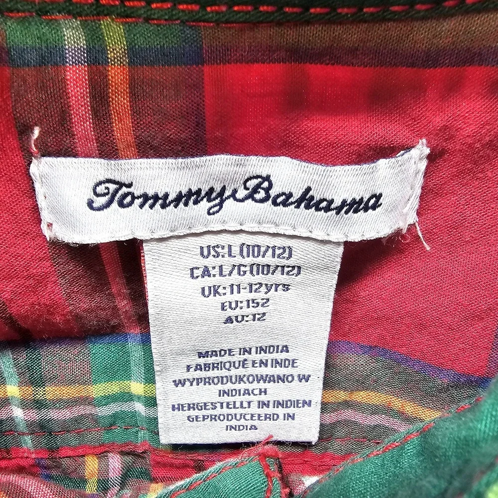 Tommy Bahama Red Green Plaid Shirt Poplin Boys‎ L Button Up Holiday Preppy